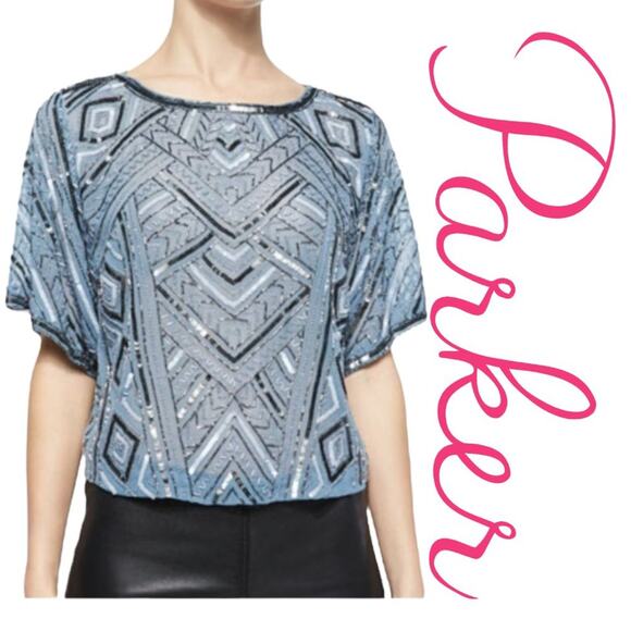 Parker Beaded Chiffon Blouse Frost Blue Cocktail Party Women’s Size Small - Picture 1 of 13
